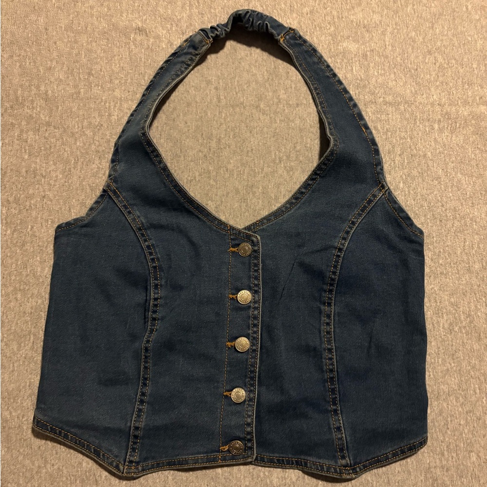 Dark Blue Denim Halter Crop Top